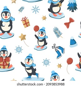 Penguins seamless pattern. Vector illustration. Cute holiday winter ornament. Christmas children pattern