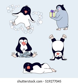 Penguins. Set of cartoon characters in different poses.