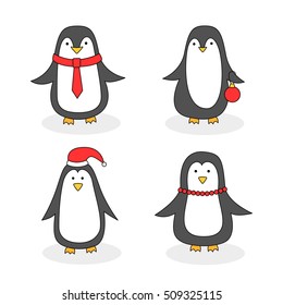 Penguins - set of characters. Vector illustration of penguins with Christmas trappings