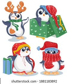 Сute penguins set. Christmas with watercolor penguins in christmas wear, decorating with presents. Cartoon trendy colored funny penguins. Vector illustration