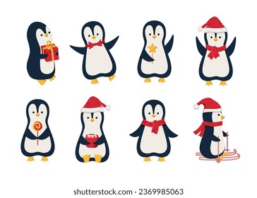 Penguins set funny, cartoon cute characters celebrating New Year and Christmas. Vector illustration of the concept of winter holidays.
