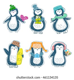 Penguins Set hand-drawn. Winter fun.