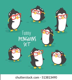 Penguins set. The penguins with rad glasses. Vector illustration. You can use in the menu, in the shop, in the bar, the card or stickers.