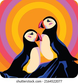 Penguins Sitting On Rocks Vector Background. Penguin Vector Illustration with Colorful Background. Wildlife Vector Image. Animal Of Antarctica Vector Illustration