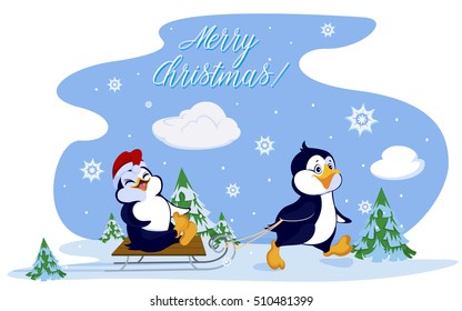 Penguins sledding. Card with inscription merry Christmas!