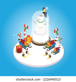 Penguins with sledge full of christmas presents near a large snowman isometric 3d vector illustration concept for banner, website, illustration, landing page, flyer, etc.
