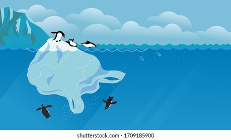 Penguins sliding down giant plastic bag iceberg and diving joyfully underwater. Ocean waste concept, saving marine life.
