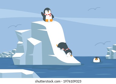 Penguins sliding down snowy slope into water