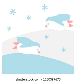 Penguins are sliding in snow - Winter flat icon set in square frame 
