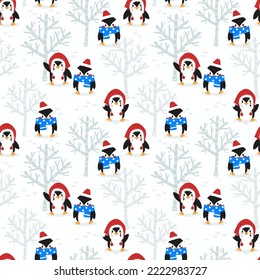 Penguins in Snow Field Seamless Pattern