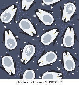 Penguins, snow, hand drawn backdrop. Colorful seamless pattern with birds. Decorative cute wallpaper, good for printing. Overlapping colored background vector. Design illustration