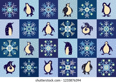 Penguins and snowflakes cartoon vector winter hand drawn illustration. Endless decorative background