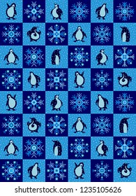 Penguins and snowflakes cartoon vector winter hand drawn illustration. Endless decorative background