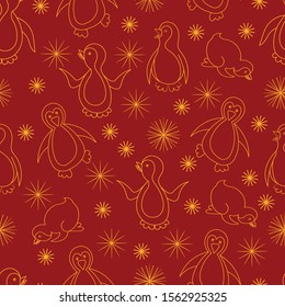 
Penguins and snowflakes. Seamless pattern. Against a dark background, openwork, decorative snowflakes and contour drawings of penguins. Decor element. Vector illustration.