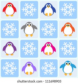 Penguins and snowflakes. Seamless vector pattern