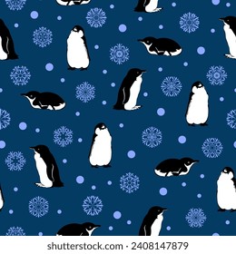 penguins, snowflakes. vector seamless pattern. black white blue winter repetitive background. fabric swatch. wrapping paper. textile design template