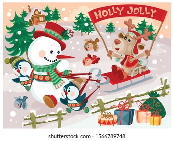 penguins and a snowman ride a deer in a sleigh and enjoy the upcoming holidays, New Year and Christmas. A full-fledged illustration for a card,