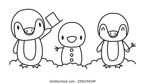 Penguins and snowman vector illustration
