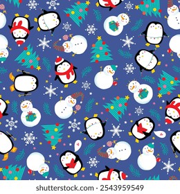 Penguins and snowmen vector seamless pattern. Cute cartoon baby penguins and snowmen sing carols for Christmas. Winter design in bright colors