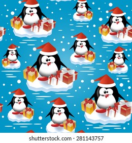 Penguins at the South pole. New year seamless pattern. Vector illustration.
