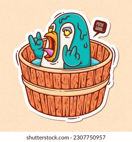 Penguins At Spa Hand Drawn Color Vector Doodle Illustration
