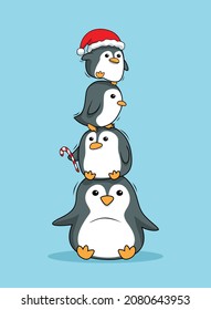 Penguins Stack Cartoon Merry Christmas Illustrations