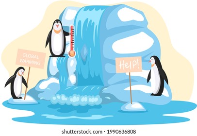 Penguins stand on iceberg and escape from climate change and global warming. Animals during global warming concept. Melting ice affects bird kingdom. Penguins on ice floe, glacier ask for help