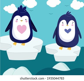 penguins standing ice water winter