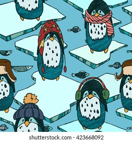penguins standing on ice floes. ice drift. floe floating on the water. color graphics.