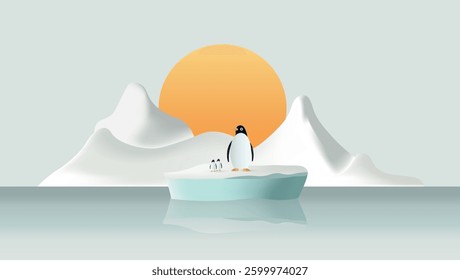 Penguins standing on a melting ice floe with mountains and sunset in the background, highlighting international penguin day and environmental concerns