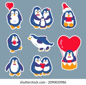 Penguins stickers pack. Collection of cute penguins. Hand-drawn style.