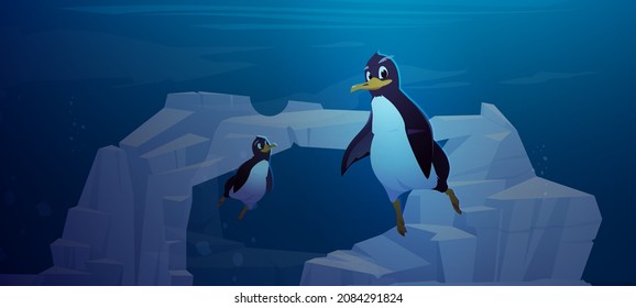 Penguins swim underwater in antarctic ocean. Vector cartoon illustration of marine swimming birds in sea in Antarctica with icebergs and glaciers under water