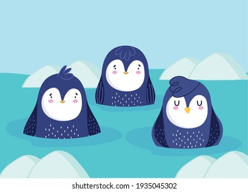 dibujos animados de pingüinos sobre agua de hielo