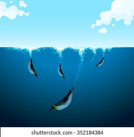 Penguins swimming under the ocean illustration