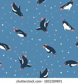 Penguins swimming underwater vector seamless pattern for kids - for fabric, wrapping, textile, wallpaper, background.