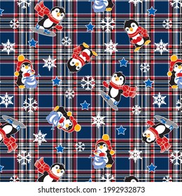 Penguins Under The Snow On Plaid Pattern For Textile Print