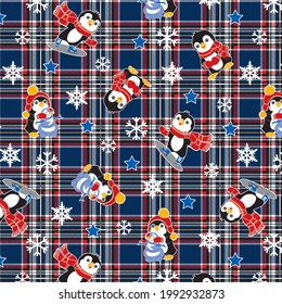 Penguins under the snow on plaid pattern for textile print