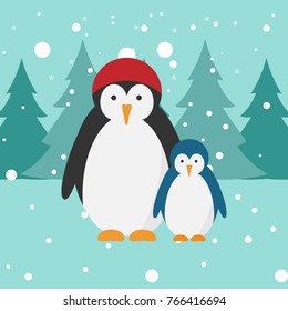 Penguins vector illustration. Snowy and cold weather. Forest, trees background. 
