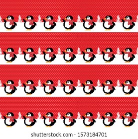 Penguins vector seamless christmas pixel pattern