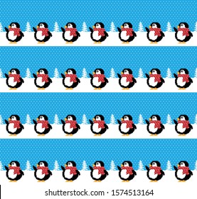 Penguins vector seamless christmas pixel pattern