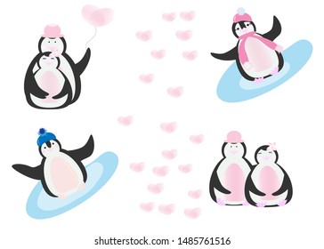 Penguins vector set. Animals love cartoon. Winter and summer style cutie penguins design. Adorable kawaii characters collection. Lovely animal character set.