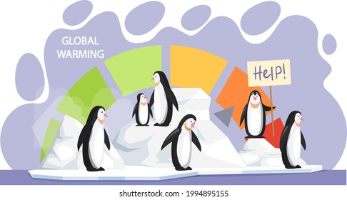 Penguins Are Very Sad About Melting Glaciers. Animals During Global Warming Concept. Polar Birds Asking For Help Due To Climate Change. Scale With Indicator Of Global Warming On Planet Earth