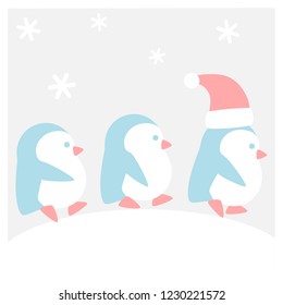 Penguins are walking in snow - Winter flat icon set in square frame 