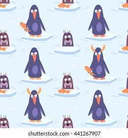 Penguins and walrus on blue background. Cute penguins and walrus seamless vector pattern for wallpaper, web page background, textile design, graphic design.