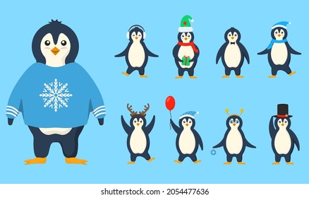 Penguins in warm clothes in flat design. Cold winter symbol. Antarctic bird, animal in different poses set. Cute little penguin cartoon characters set for label design. Vector illustration.