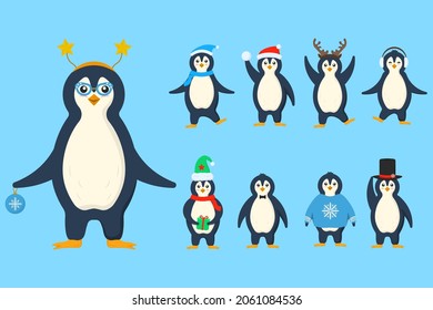 Penguins in warm clothes in flat design. Cute little penguin cartoon characters set for label design. Cold winter symbol. Antarctic bird, animal in different poses set. Vector illustration.