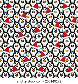 Penguins wearing a Red Santa Hats amongst Rows of identically repeating and forward Staring Penguins