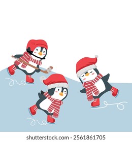 penguins  wearing winter clothes ice skating outdoor