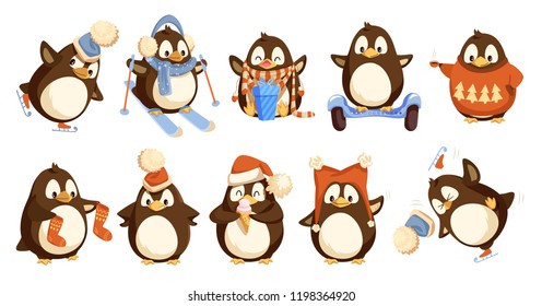 Penguins wearing winter warm clothes isolated set vector. Animal hat and sweater, socks and scarf opening present in bow with bow. Skiing activity