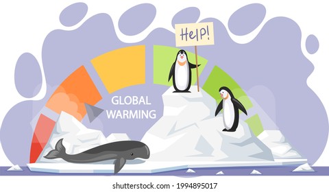 Penguins and whale are very sad about melting glaciers. Animals during global warming concept. Animals ask for help due to climate change. Scale with indicator of global warming on planet Earth